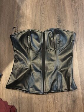 Charlotte Russe Black Faux Leather Strapless Corset Top with Zipper